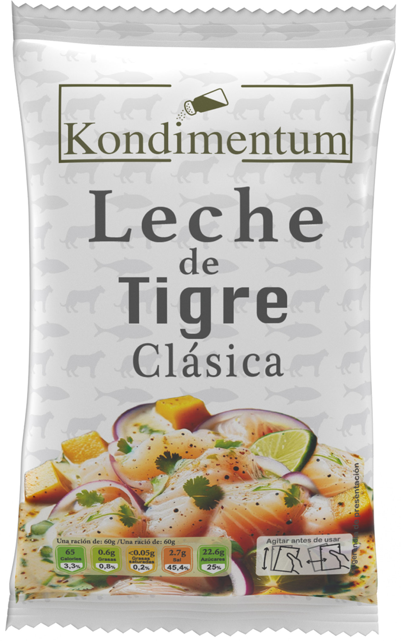 Ceviche de corvina salvaje, leche de tigre de ají amarillo, gel de jengibre, puré de boniato, lima y cilantro Leche de tigre kondimentum